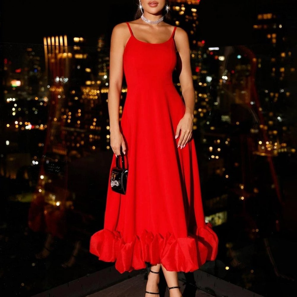 Chic Ruffle Hem Cami Maxi Dress Red - Picture 1 of 5